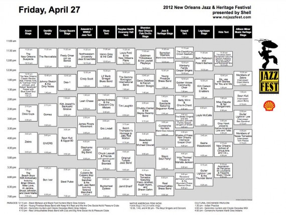 New Orleans Jazz Fest 2012 Full Cube Schedule: Friday, April 27.