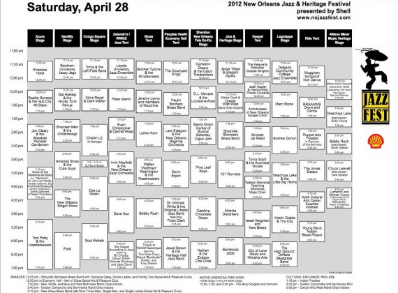New Orleans Jazz Fest 2012 Full Cube Schedule: Saturday, April 28.