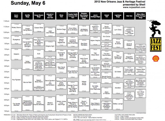 New Orleans Jazz Fest 2012 Full Cube Schedule: Sunday, May 6.
