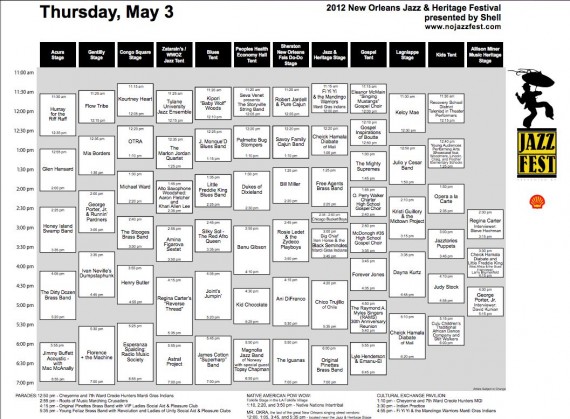 New Orleans Jazz Fest 2012 Full Cube Schedule: Thursday, May 3.