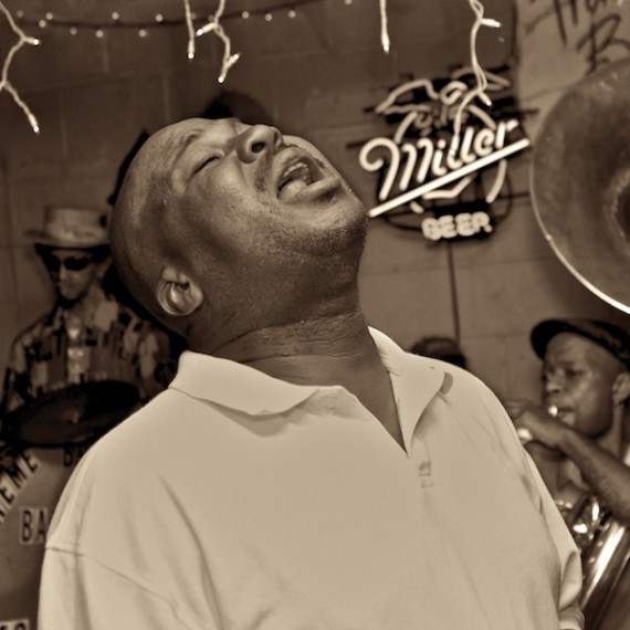 Kenneth Terry singing with the Treme Brass Band at the Candlelight Lounge. Photo by Willow Haley.