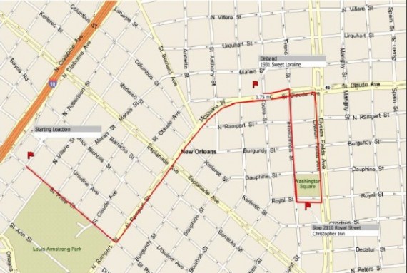 Uncle Lionel Batiste second line route for Friday, June 13, 2012 in New Orleans.