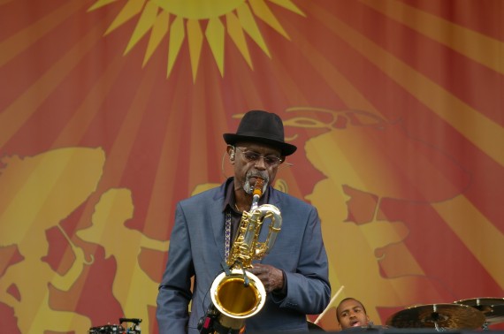 Roger Lewis, Dirty Dozen Brass Band, Jazz Fest 2014, by Stephen Maloney, OffBeat Magazine