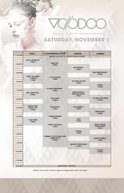 Voodoo 2014 Schedule: Saturday, November 1
