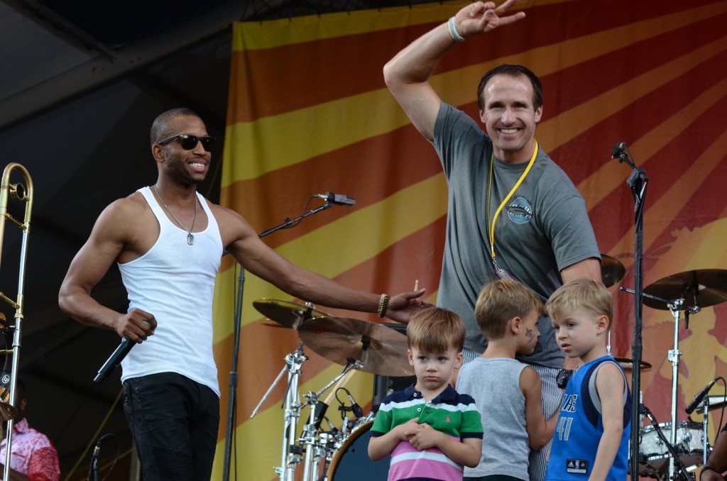 Trombone Shorty, Drew Brees, Jazz Fest 2015, Photo by Kim Welsh, OffBeat Magazine