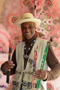 Cyril Neville holding up the drumsticks-as-art last March. Photo by Kim Welsh via Facebook.