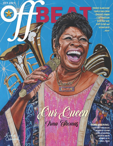 October 2021 cover of OffBeat featuring an illustration of Irma Thomas